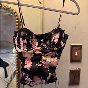 For Love & Lemons Black Floral Satin Cropped Camisole